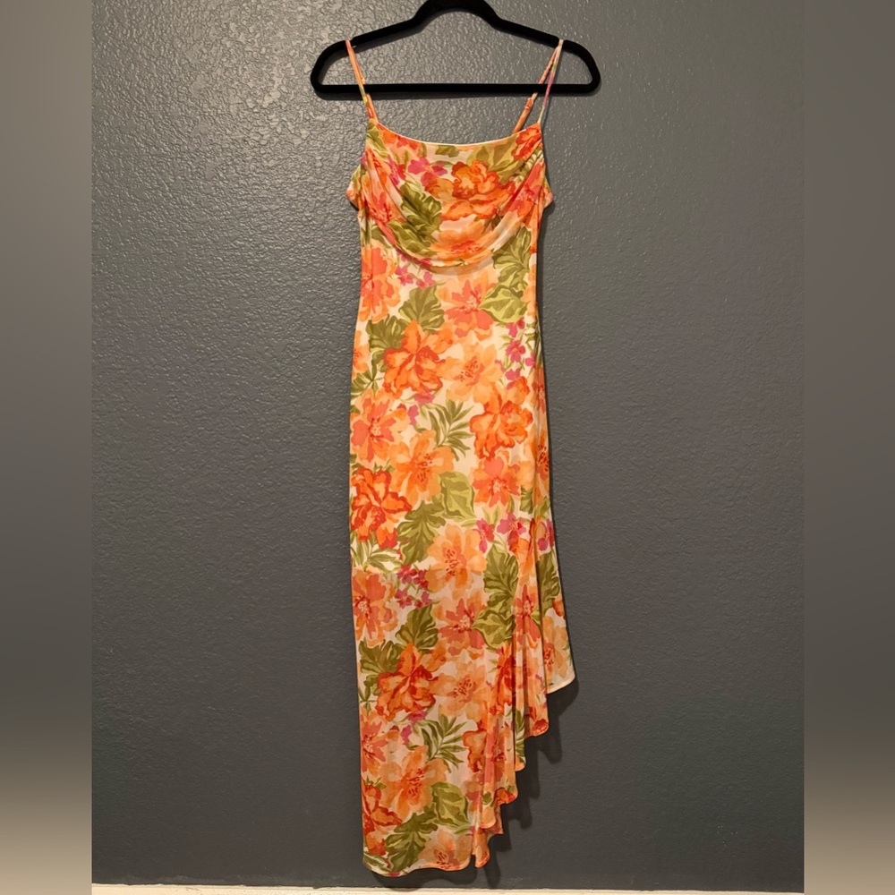 Tropical Floral Cowl-Neck Maxi Dress in Orange & Green